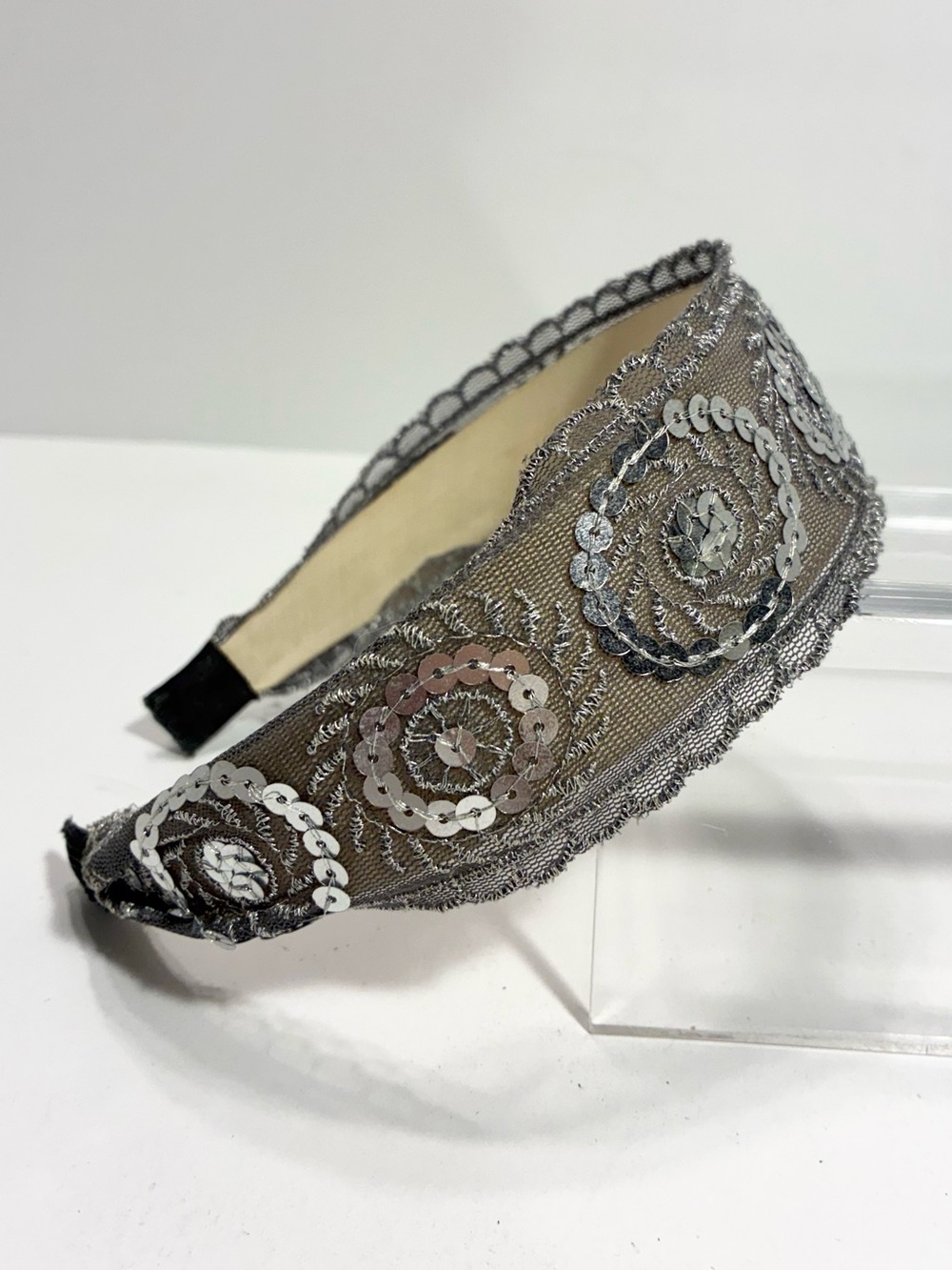 Silver Sequin Embroidered Mesh Scalloped Edge Headband 1.5+”